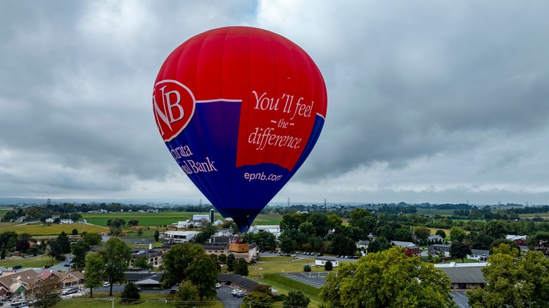 vibrant hot air balloon ascends into the sky above Bird in Hand, Pennsylvania,