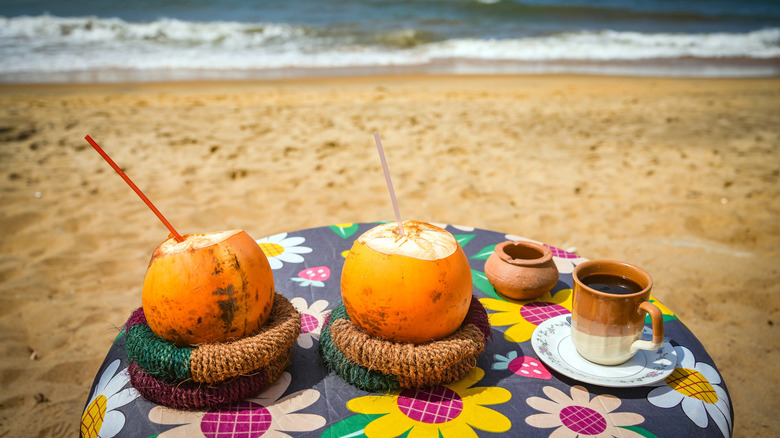 coconut drinks on a beach