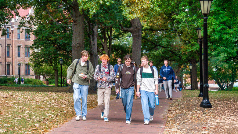 Students walking on paved road in Chapel Hill, North Carolina