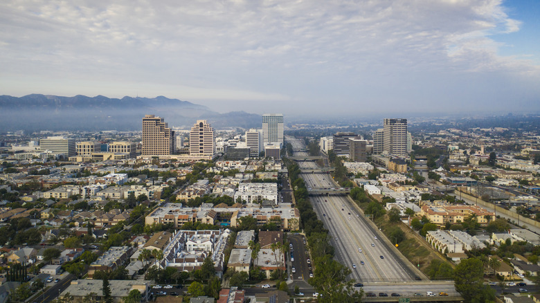 Aerial view of downtown Glendale, California at dusk