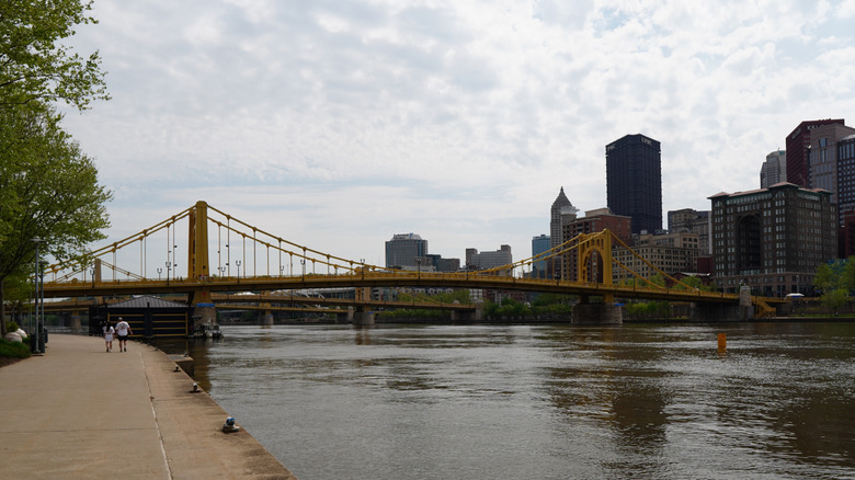 View of Pittsburgh, Pennsylvania from river near bridge