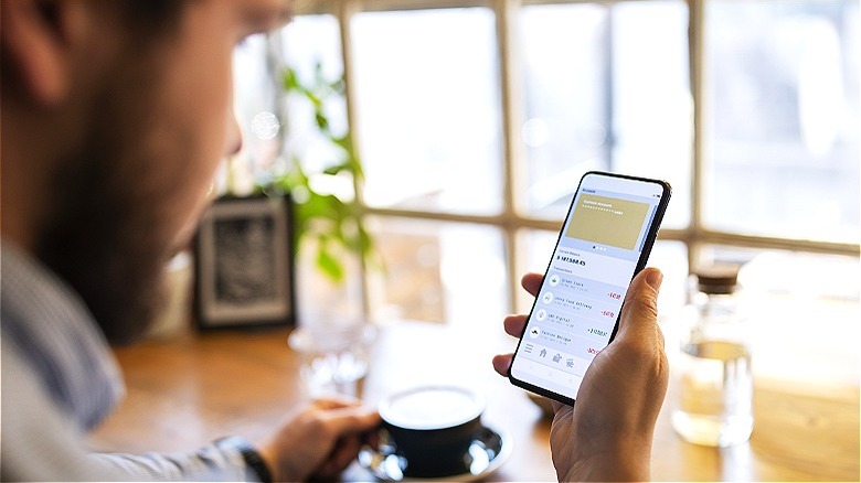 Person monitoring finances from phone