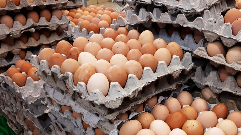 Dozens of cardboard pallets of chicken eggs stacked high in a loading area.