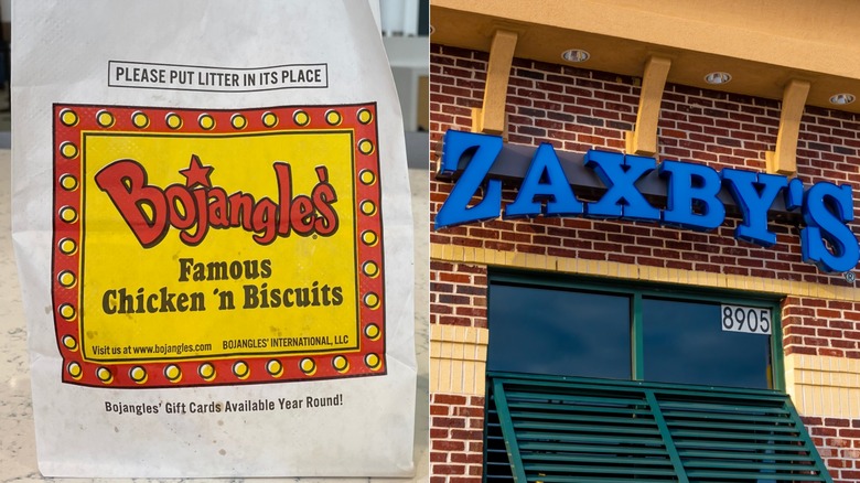 Side by side of a Bojangles' chicken bag and a Zaxby's storefront.
