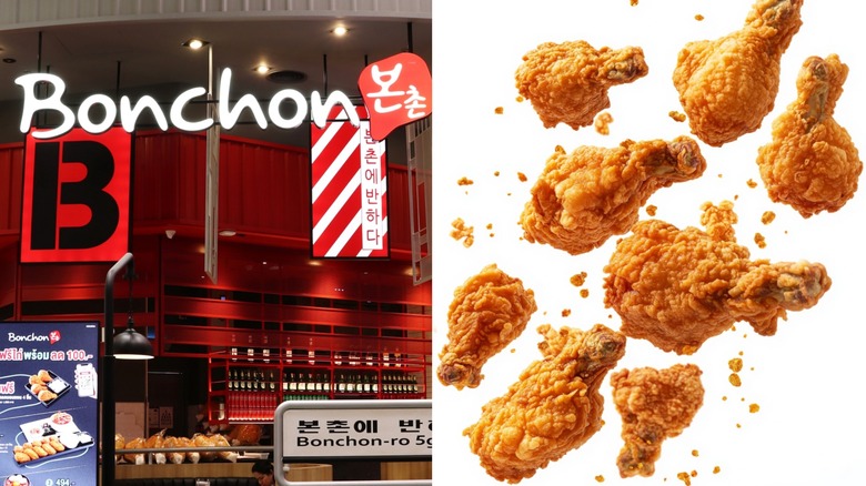 Side by side images of a Bonchon chicken location and a bright white background full of falling fried chicken legs.