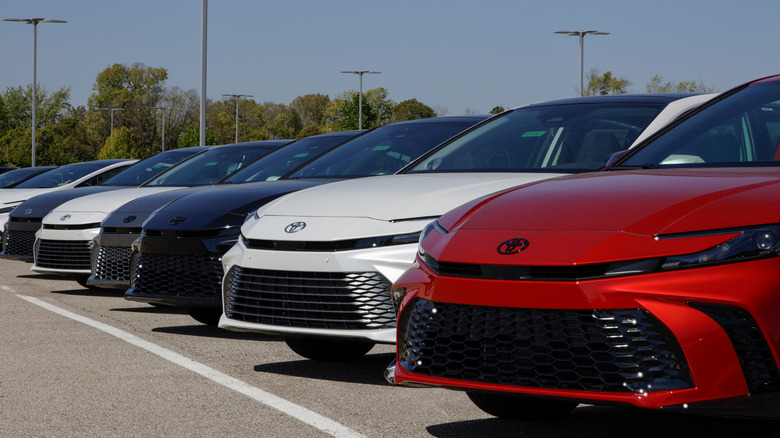 Toyota Camrys displayed at a car dealership