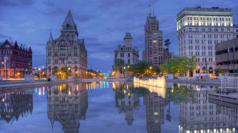 Downtown Syracuse, NY at night, on the water.