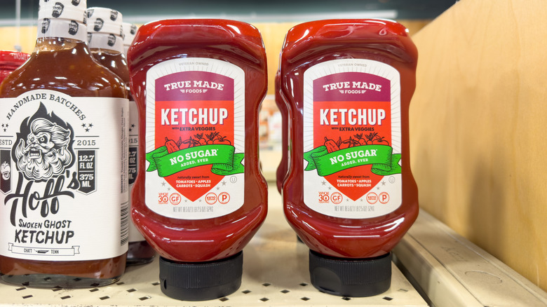 True Made Foods ketchup displayed on a shelf.