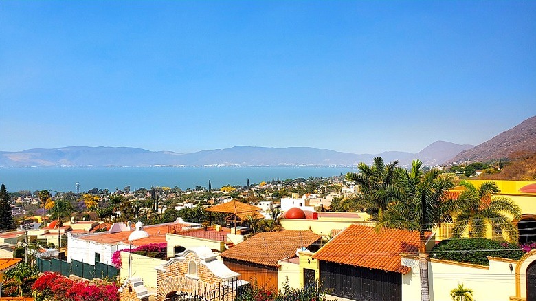 Rooftops and trees of a city in Mexico with mountains and a large body of water in the distance