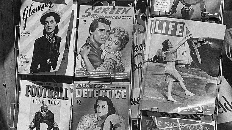 Black-and-white image of old magazines