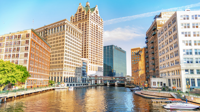 Shot of Milwaukee River passing through Milwaukee Wisconsin
