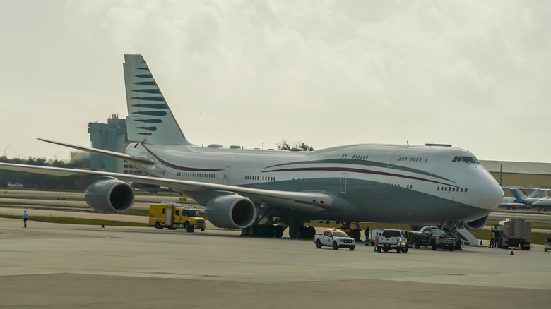Boeing 747 formerly owned by Qatar's royal family on tarmac at Palm Beach International Airport.