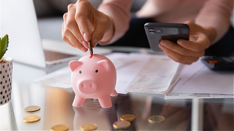 Person adding to piggy bank