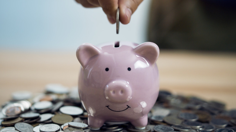 person putting coin in piggy bank