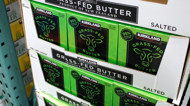 Boxes of Kirkland Signature Grass-Fed butter in warehouse