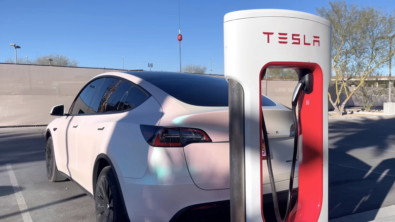 Person charging a car at a Tesla public station