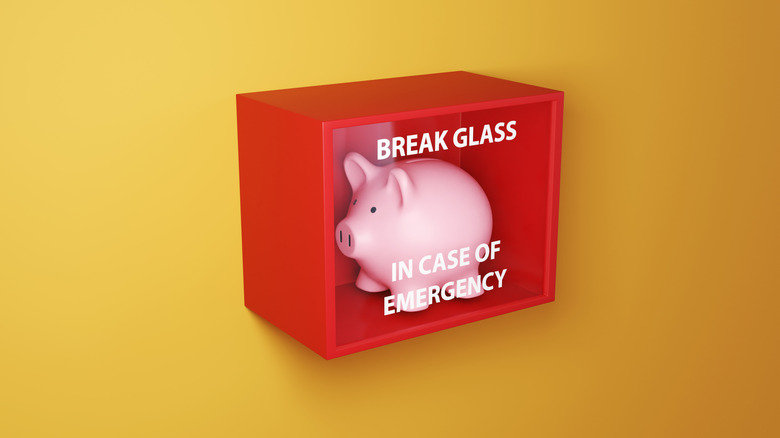 A piggy bank behind emergency glass