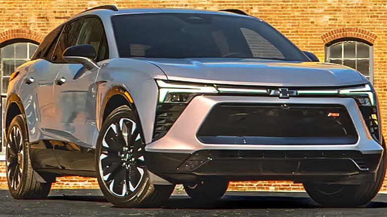 blue 2024 Chevrolet Blazer EV in front of brick building with arched windows