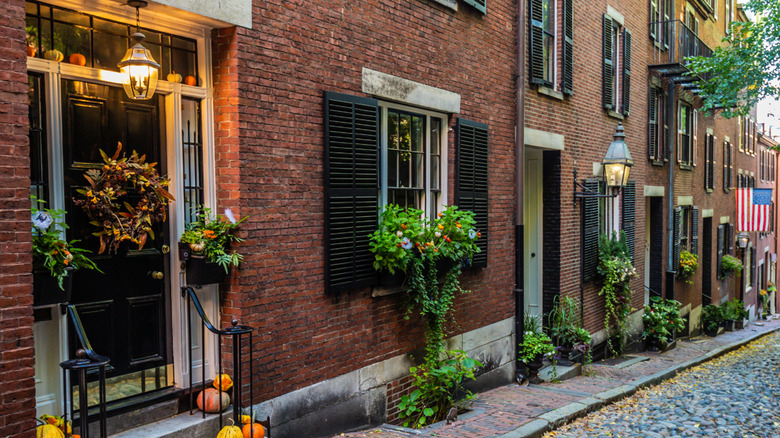 Brick homes on cobblestone street