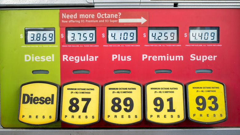 Buttons and prices for diesel, regular, plus, premium, and super premium gas at a fuel pump