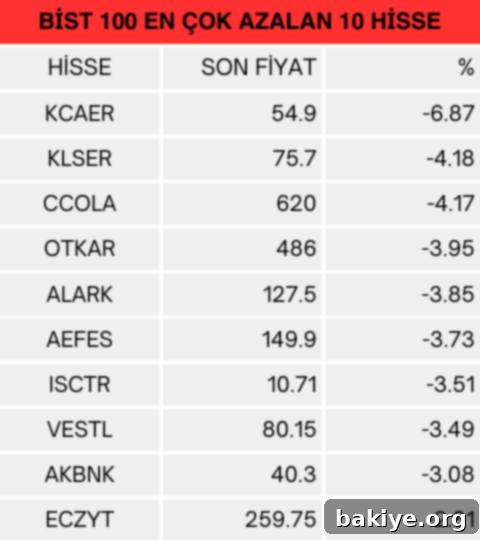 BIST 100 Günün En Çok Düşen Hisseleri