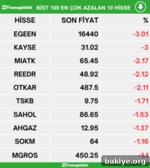 Borsa İstanbul BIST 100 En Çok Azalan Hisseler Listesi