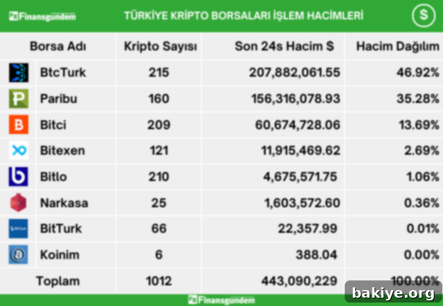 Türkiye Kripto Borsalarında 25 Nisan 2024 Hacim Raporu 3 Türkiye'deki kripto para şirketlerinin USD bazında 24 saatlik işlem hacmi dağılımı grafiği